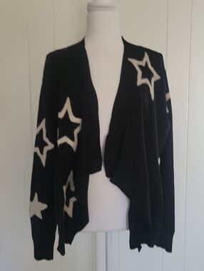 Aaeda Star Print Cardigan Sweater Open Front Black & White Cozy Eclectic M/L